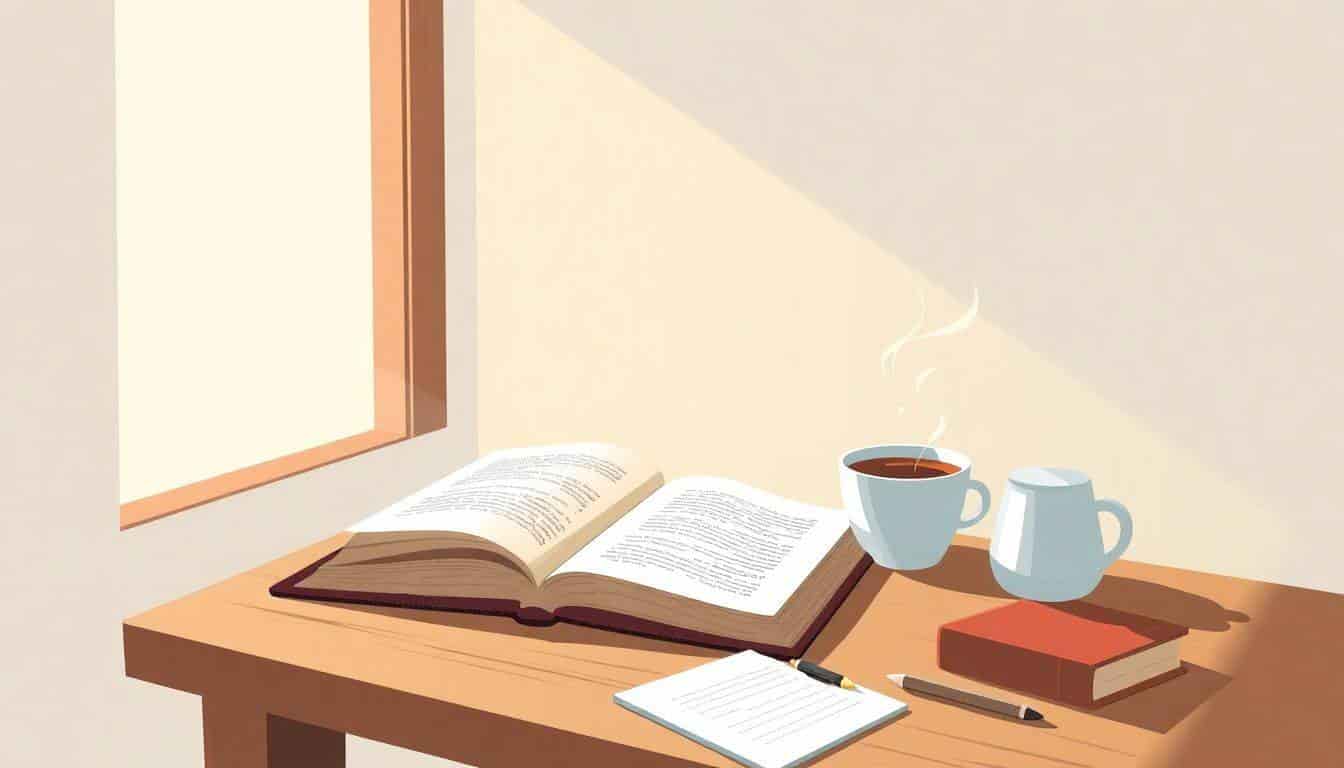 Cozy writing nook with a wooden desk, an open book, a steaming cup of tea, scattered pages, and a notepad with a pen, illuminated by warm light from a window.