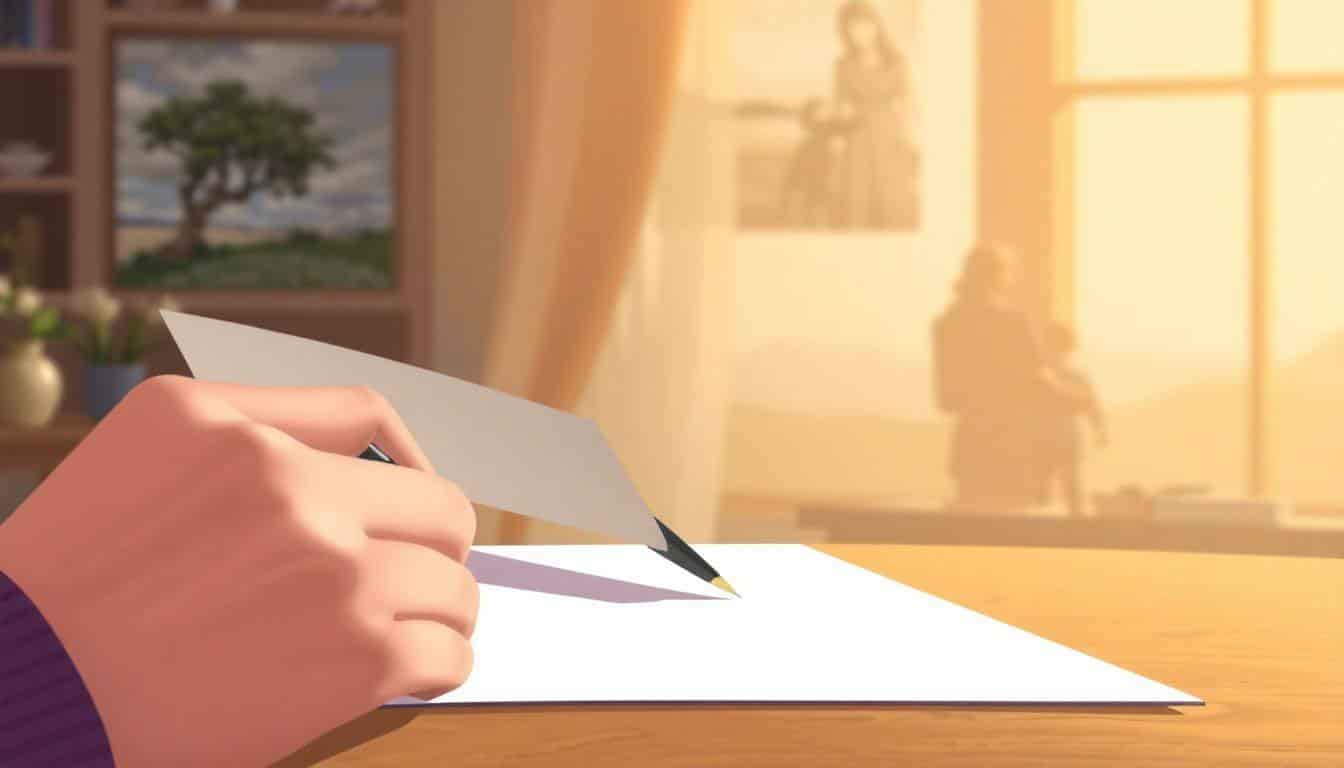 A hand holding a pen over a blank sheet of paper, with a softly lit background of a peaceful landscape and blurred family moments, symbolizing the act of writing an obituary.