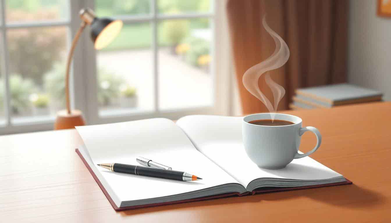 A minimalist illustration of a serene workspace featuring an open notebook, a pen, and a steaming cup of coffee, with a softly glowing desk lamp and a blurred view of a calm garden outside a window.