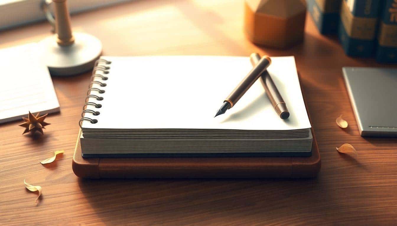 Illustration of a serene workspace featuring a blank notebook and a vintage fountain pen on a wooden desk, with softly blurred background, delicate leaves scattered around, and warm, inviting color palette.