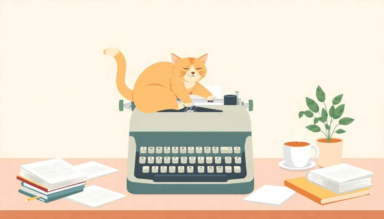 A serene desk scene with a vintage typewriter, scattered notepads, and a large cat perched on the typewriter, accompanied by a steaming cup of coffee and a small potted plant, all in soft pastel colors.