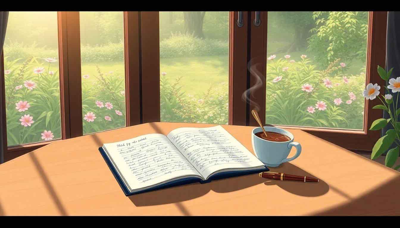 Illustration of a writing desk by a large window with sunlight, featuring an open notebook with handwritten notes, a vintage fountain pen, and a steaming cup of coffee, overlooking a peaceful garden with blooming flowers.
