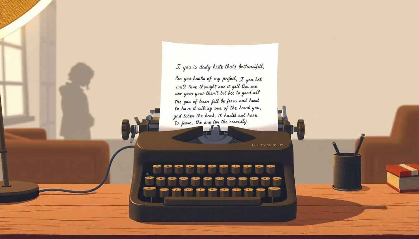 Vintage typewriter on a wooden desk with a handwritten dialogue sheet, warm lighting, and a faint silhouette of a character in the background.