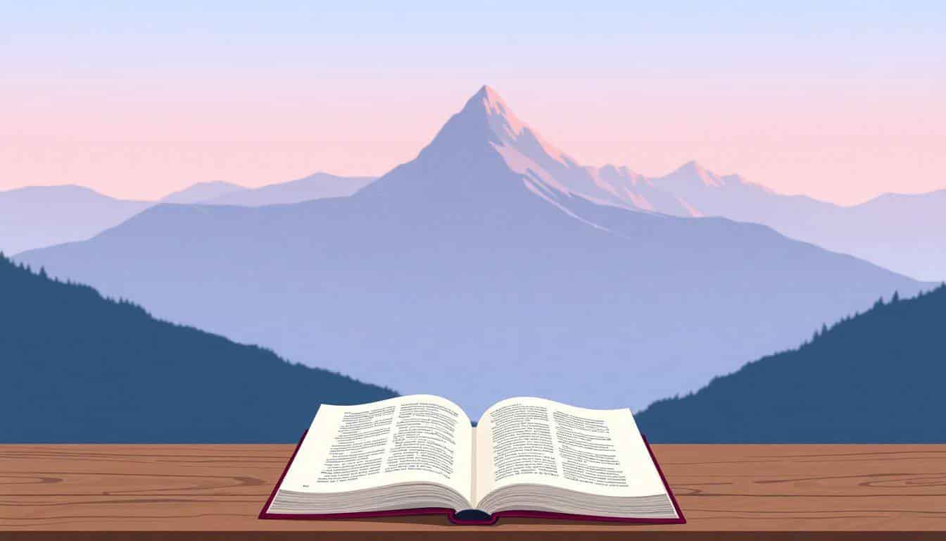 A tranquil mountain landscape at dawn with pastel colors, featuring a wooden table holding an open manuscript with fluttering pages, illuminated by soft sunlight.