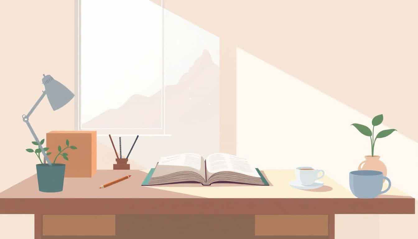 A serene workspace featuring a minimalist desk with an open notebook, a pencil, a steaming cup of tea, and a small plant, bathed in soft sunlight with a whimsical mountain silhouette in the background, all in soft pastel colors.