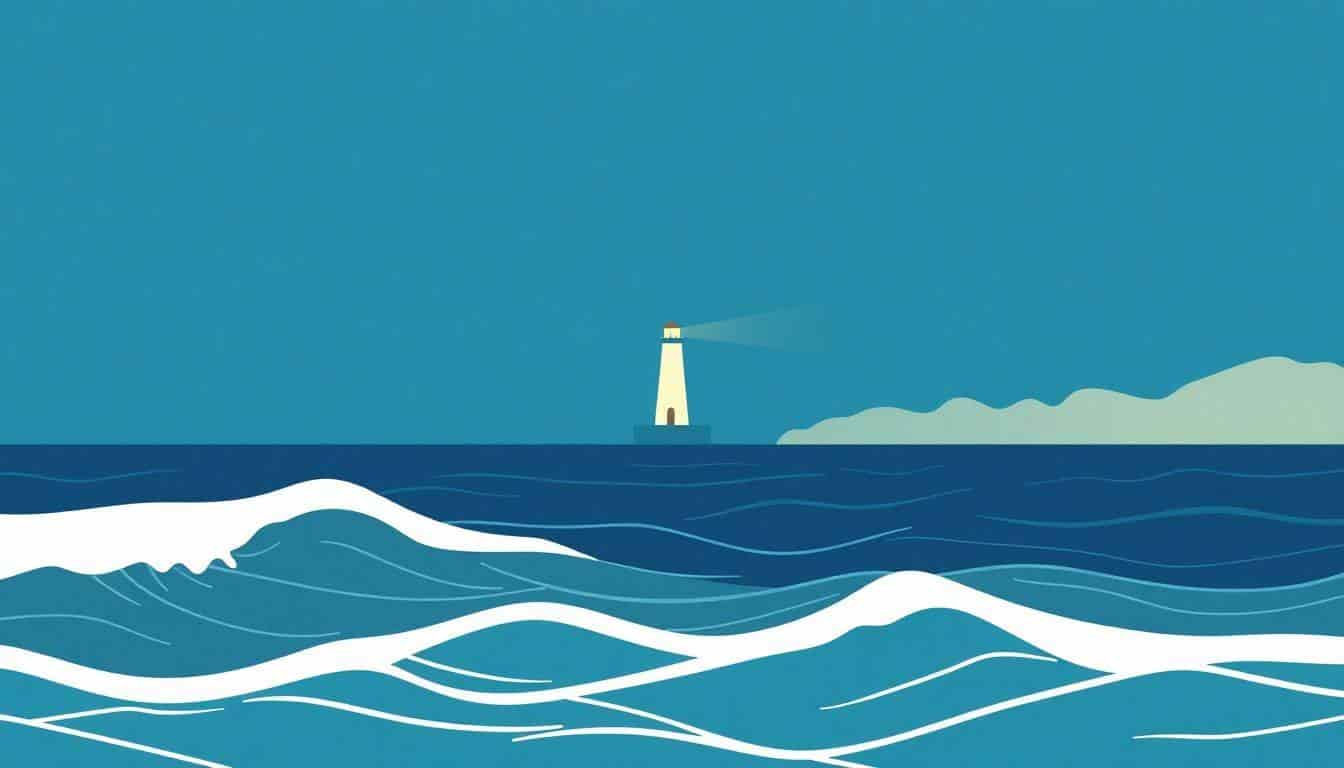 Minimalistic illustration of a serene ocean scene with a glowing lighthouse guiding through dark waters, symbolizing SEO content creation, featuring soft waves and calming colors.