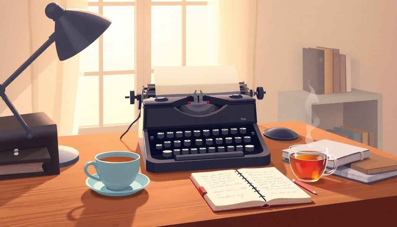 Serene workspace with a classic typewriter, handwritten notepad, steaming tea, and a bookshelf filled with books, illuminated by soft natural light.