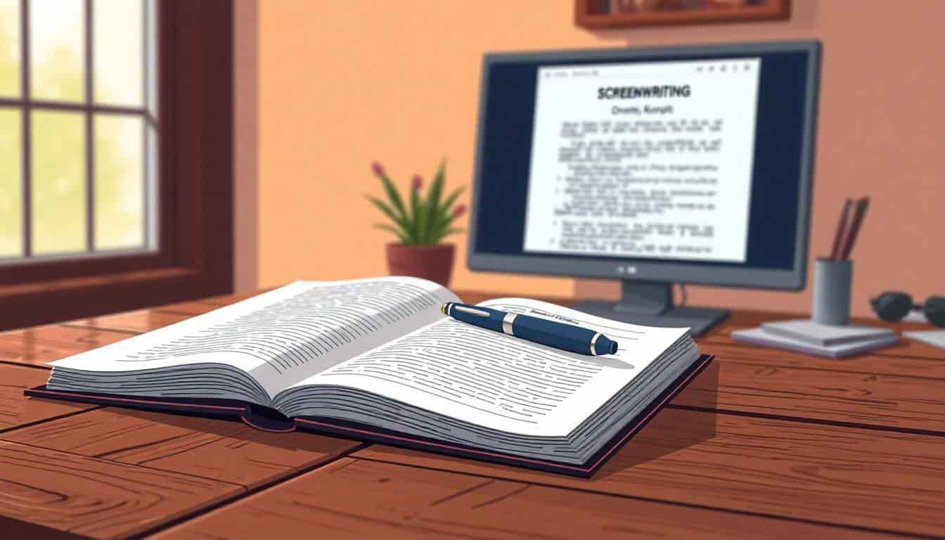 Open notebook and pen on a rustic wooden table with soft warm lighting, blurred computer screen displaying a script layout in the background, and a small potted plant nearby.
