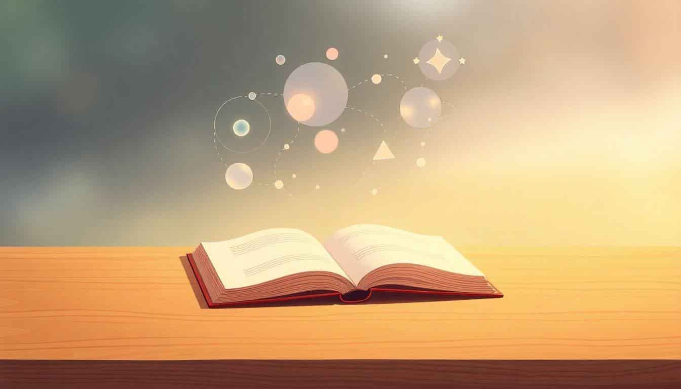 An open notebook on a wooden table with colorful thought bubbles containing abstract shapes and light patterns, set against a minimalistic background with a warm color palette.