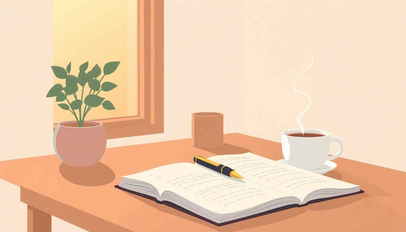 Cozy desk with an open notebook and fountain pen, warm sunlight filtering through a window, potted plant, and steaming cup of tea, creating a serene writing atmosphere.