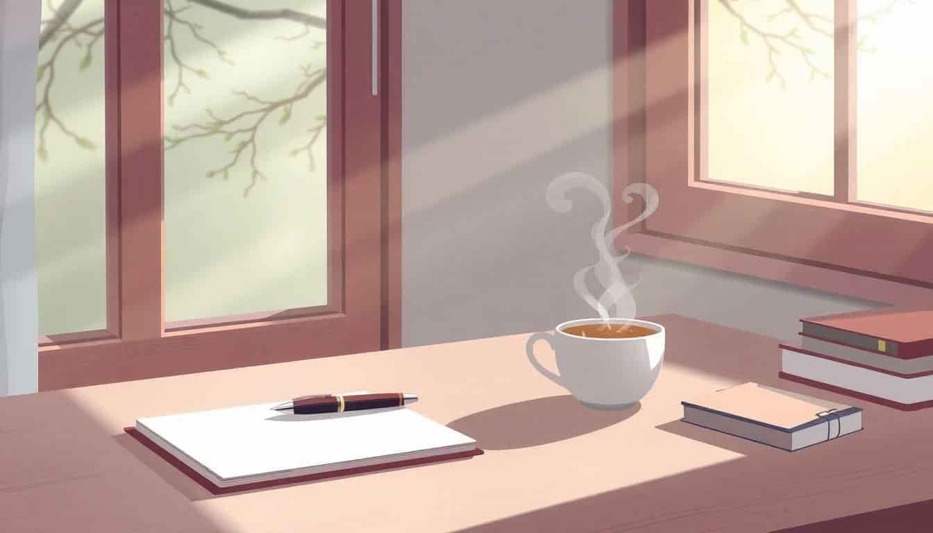 Illustration of a serene writing desk by a window, featuring a notepad, a stylish pen, and a steaming cup of tea or coffee, with soft natural light and gentle tree branches visible outside.
