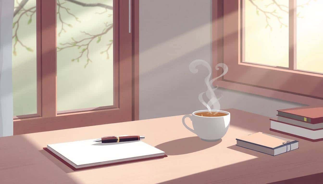 Illustration of a serene writing desk by a window, featuring a notepad, a stylish pen, and a steaming cup of tea or coffee, with soft natural light and gentle tree branches visible outside.