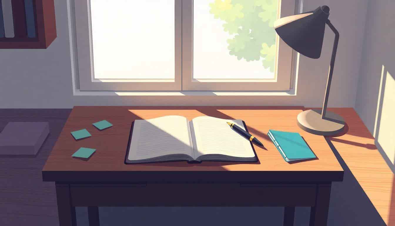 Minimalist illustration of a serene writing space with a wooden desk, an open notebook, a vintage fountain pen, and colorful sticky notes. Soft natural light from a window casts gentle shadows.