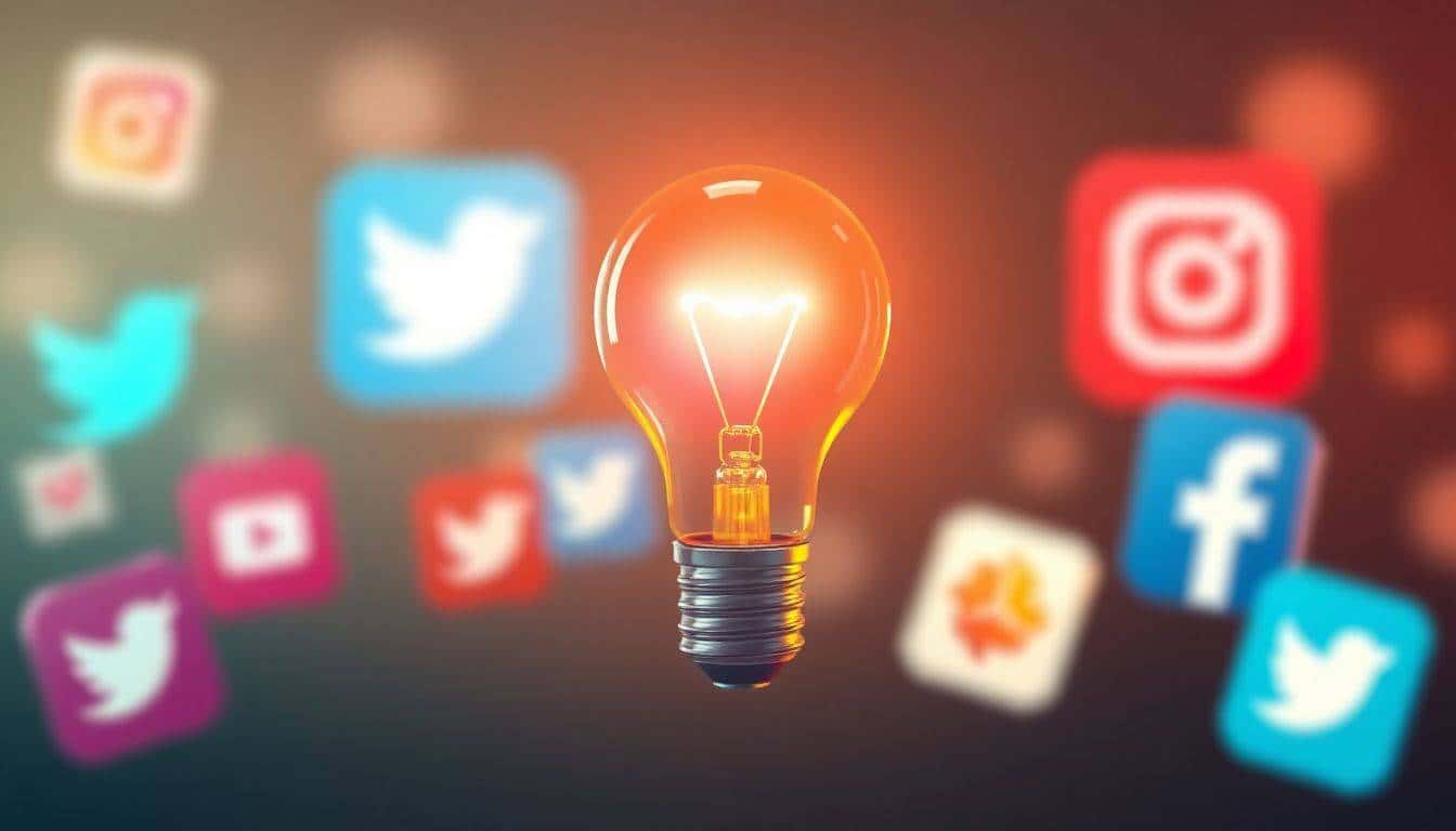 Bright light bulb representing creativity surrounded by soft, blurred social media icons in a warm, minimalist design.