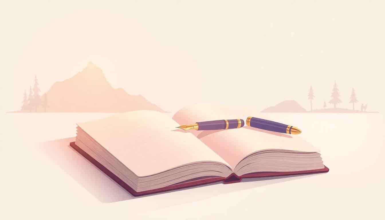 Open notebook with a fountain pen resting on its pages, surrounded by soft light and faint illustrations of a mountain, river, and stars in the background.