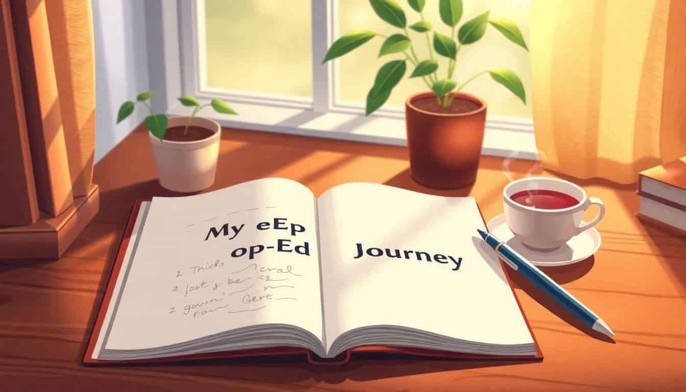 Illustration of an open notebook with faint sketches and the title "My Op-Ed Journey" on a wooden desk, accompanied by a quill pen, a potted plant, and a steaming cup of tea, with warm light filtering through a window.