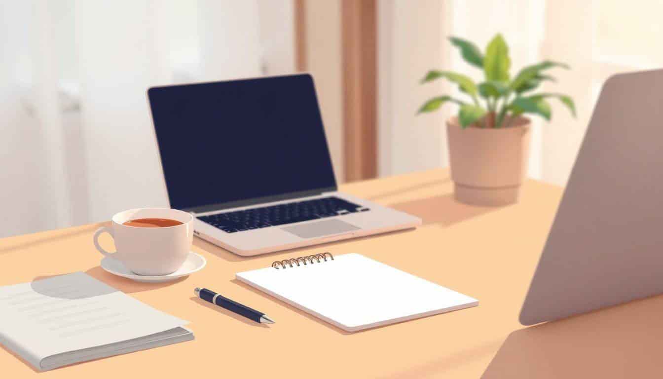 Serene work desk with a clean notepad, sleek pen, glowing laptop, warm cup of coffee, and a minimalist plant, all softly illuminated by natural light in a blurred background.