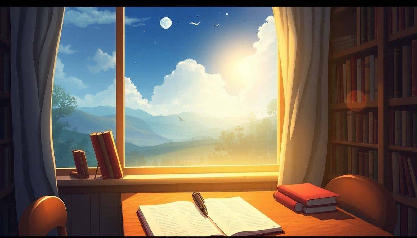 Cozy writing nook by a window with sunlight, featuring a desk with a notebook and fountain pen, surrounded by bookshelves of classic novels and a dreamy landscape outside hinting at whimsical worlds and iconic fictional character references.