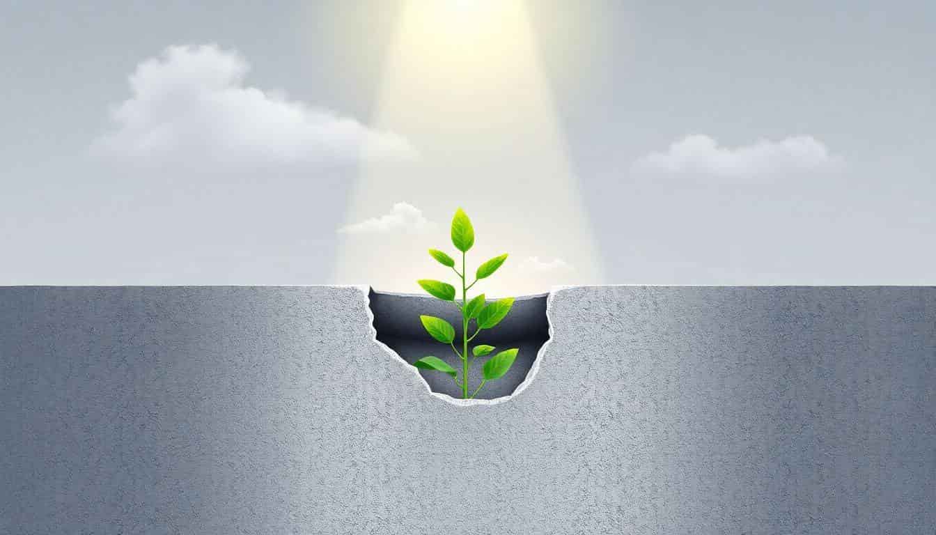 A small, green plant growing through a crack in concrete, illuminated by soft sunlight breaking through clouds, symbolizing resilience and growth amidst hardship.