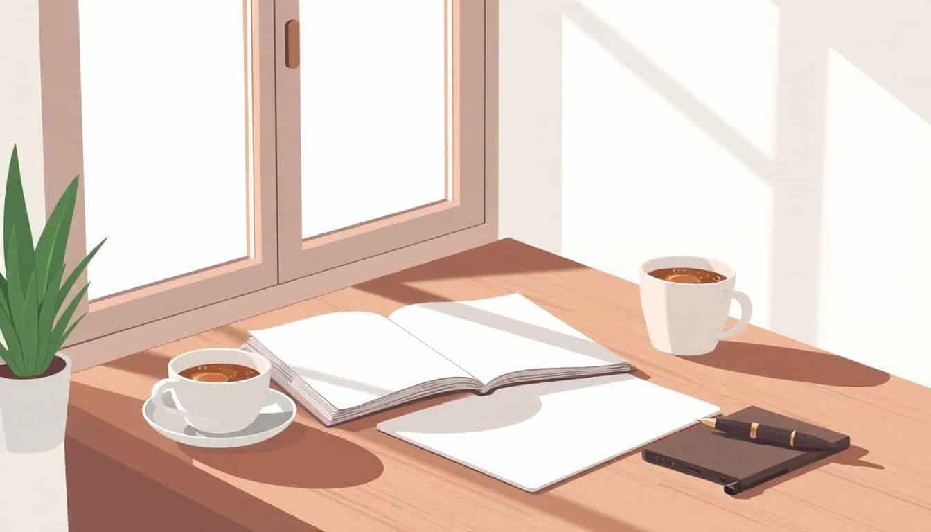 Minimalist illustration of a wooden desk with an open blank notebook, an elegant fountain pen, and a warm cup of coffee, with soft light filtering through a window.