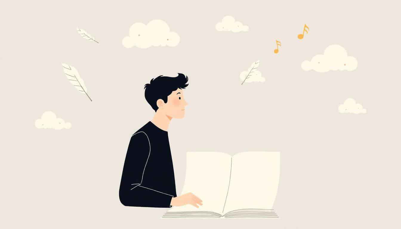 A solitary figure contemplates a blank page, surrounded by whimsical floating quills, playful clouds, and musical notes symbolizing laughter, in a warm, inviting color palette.
