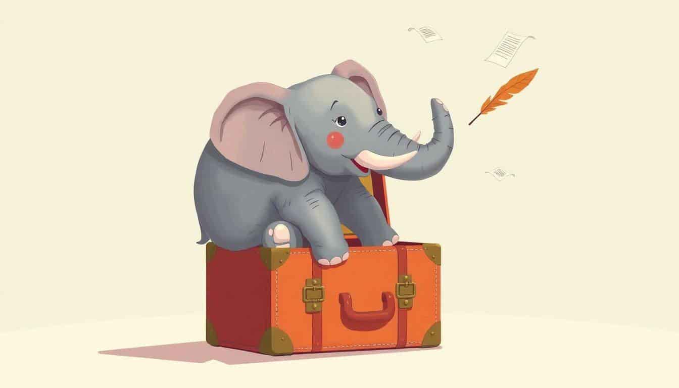 An oversized, whimsical elephant is squeezed into a small, colorful suitcase, with floating pages and a quill pen nearby, against a minimalistic soft-colored background.