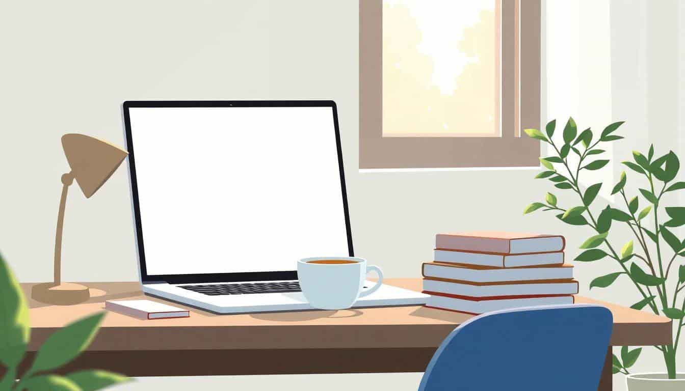 Minimalist serene study space with a cozy desk, open laptop on a blank document, neatly stacked books, steaming cup of tea, soft natural light filtering through a window, and a gentle plant in the corner.