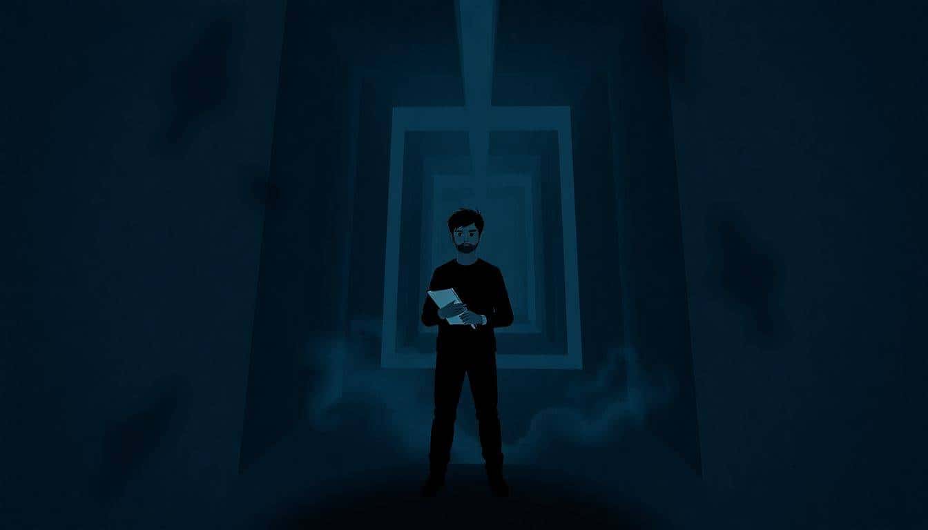 A person stands at the entrance of a dark, twisting maze, holding a pen and notebook, appearing contemplative and determined, surrounded by shadows and fog in a moody blue and black color palette.