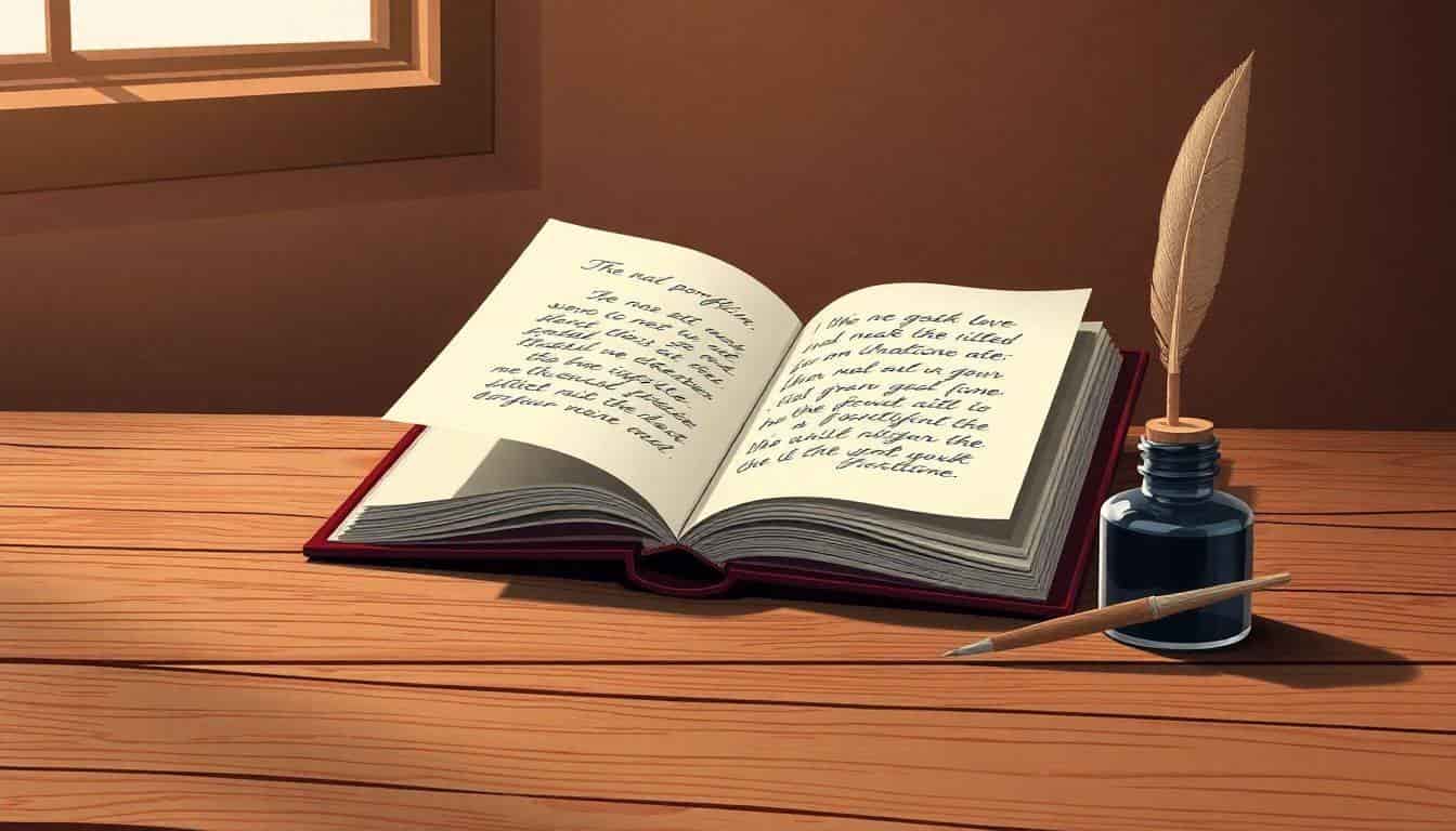 An open writing portfolio on a wooden desk, featuring soft pages with sketches of written text and a quill in an ink bottle, set against a minimalist background with warm, soft lighting.