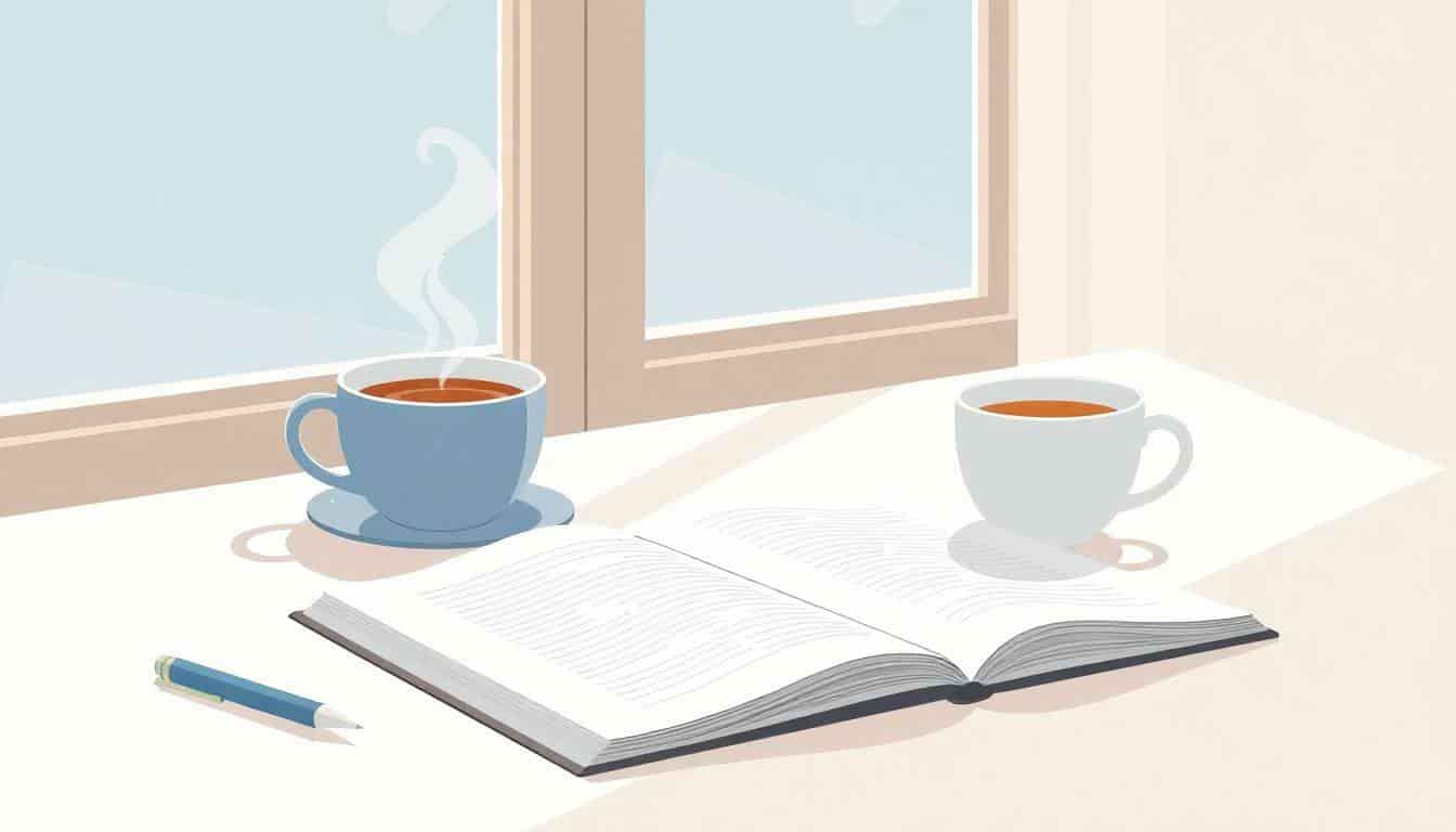 A serene workspace with an open notebook, a pen, and a steaming cup of tea or coffee, illuminated by soft natural light from a window.