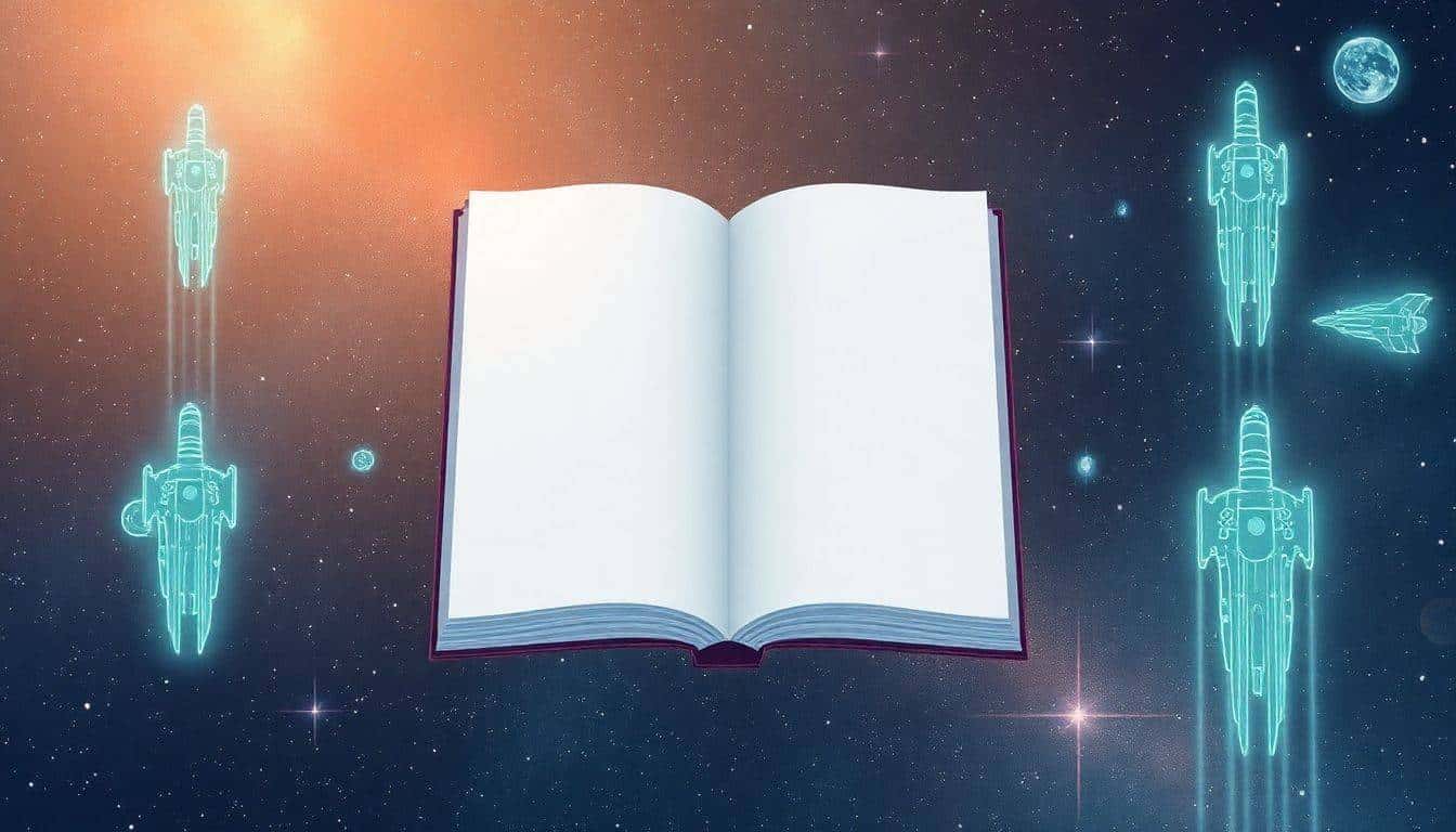 An open blank page floats in a starry galaxy, surrounded by faint outlines of futuristic technology like spaceships and holograms, with soft, ethereal colors blending the cosmos and the page.