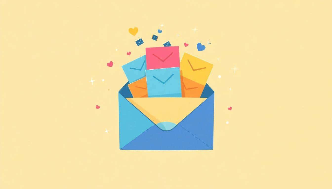 Illustration of a vibrant envelope bursting with colorful subscription letters and engagement icons like hearts and thumbs up, surrounded by whimsical sparkles and abstract lines, conveying growth and connection.