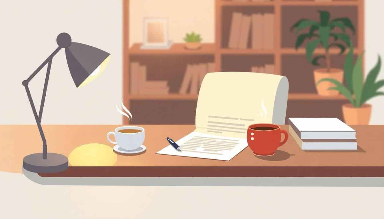A cozy desk with a neatly arranged contract, a pen, and a steaming cup of coffee, surrounded by warm lighting, minimalist decor, a bookshelf, and plants.
