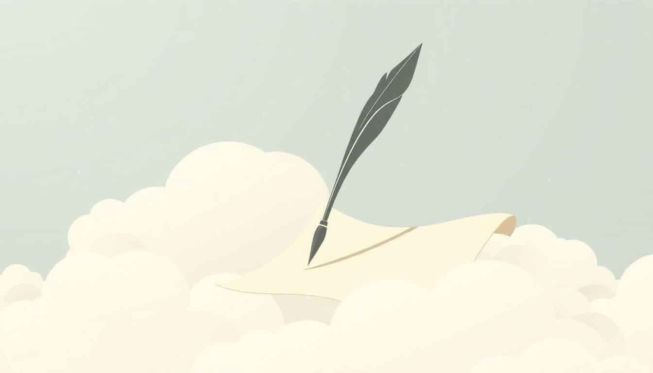 An elegant illustration of a quill pen and an open scroll against a soft background of swirling clouds and stars.