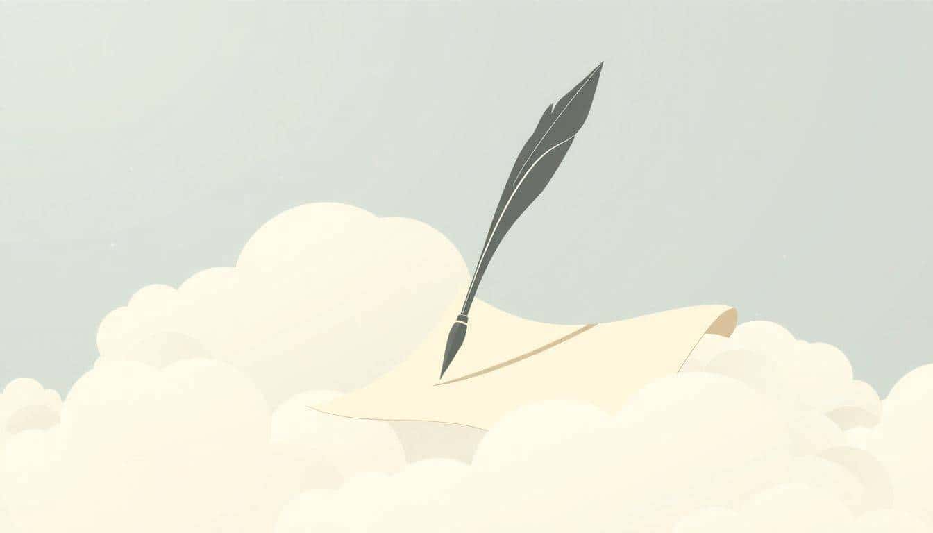 An elegant illustration of a quill pen and an open scroll against a soft background of swirling clouds and stars.