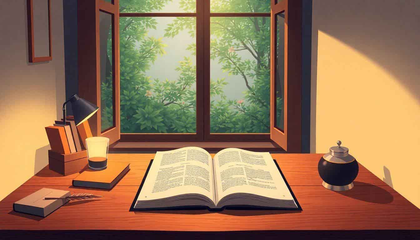 Cozy writing nook featuring a beautifully designed book on a wooden desk surrounded by a quill and inkpot, illuminated by warm light; large window in the background offers a view of a tranquil garden.
