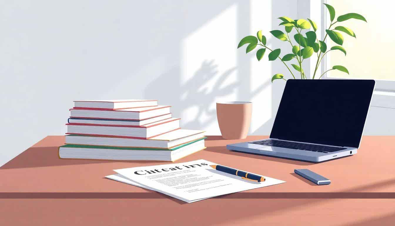 Serene study desk with an organized stack of books, a sleek laptop, aligned citation papers, a stylish pen, soft natural lighting from a window, and a potted plant in the background.