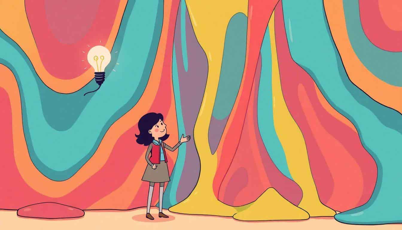 A friendly teacher stands in front of a large, colorful, wobbly jelly wall, trying to explain a concept. In the background, a faint light bulb symbolizes ideas and creativity, set against a warm color palette.