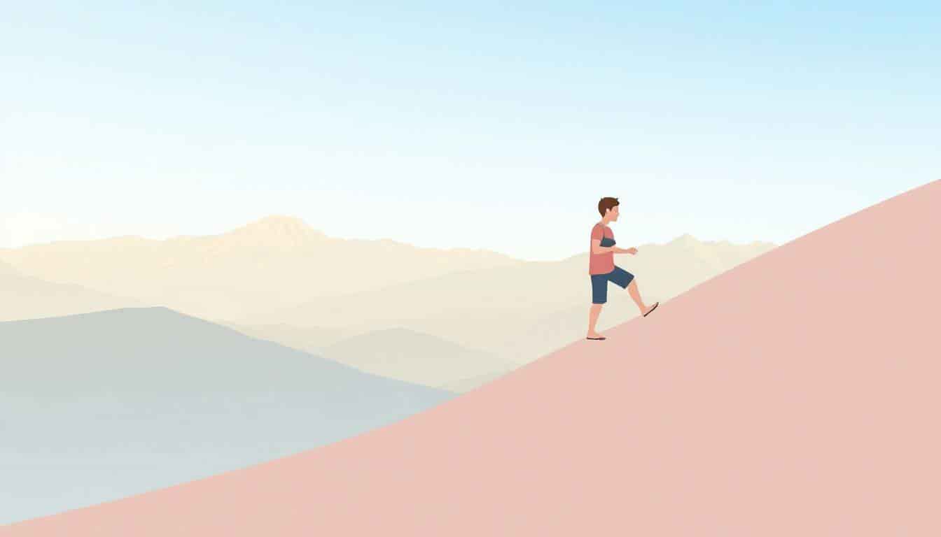 A solitary figure with a thoughtful expression climbs barefoot up a gentle slope in a serene mountain landscape, symbolizing the journey of writing a Code of Conduct, with softly lit mountains and a clear sky in the background.