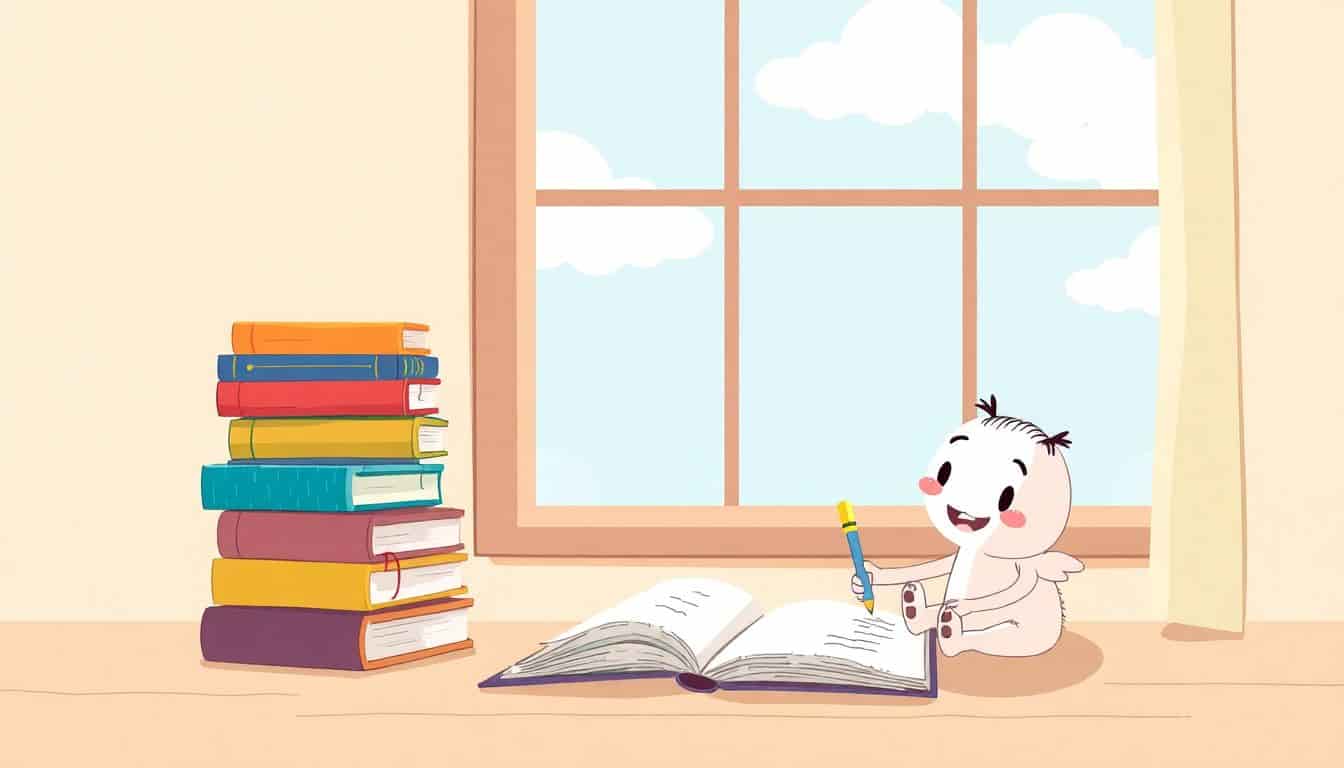 A cozy writing nook with a large window letting in sunlight, colorful children's books, an open notebook with a cute pencil, and a playful cartoon character resembling a friendly storyteller writing, with gentle clouds visible outside.