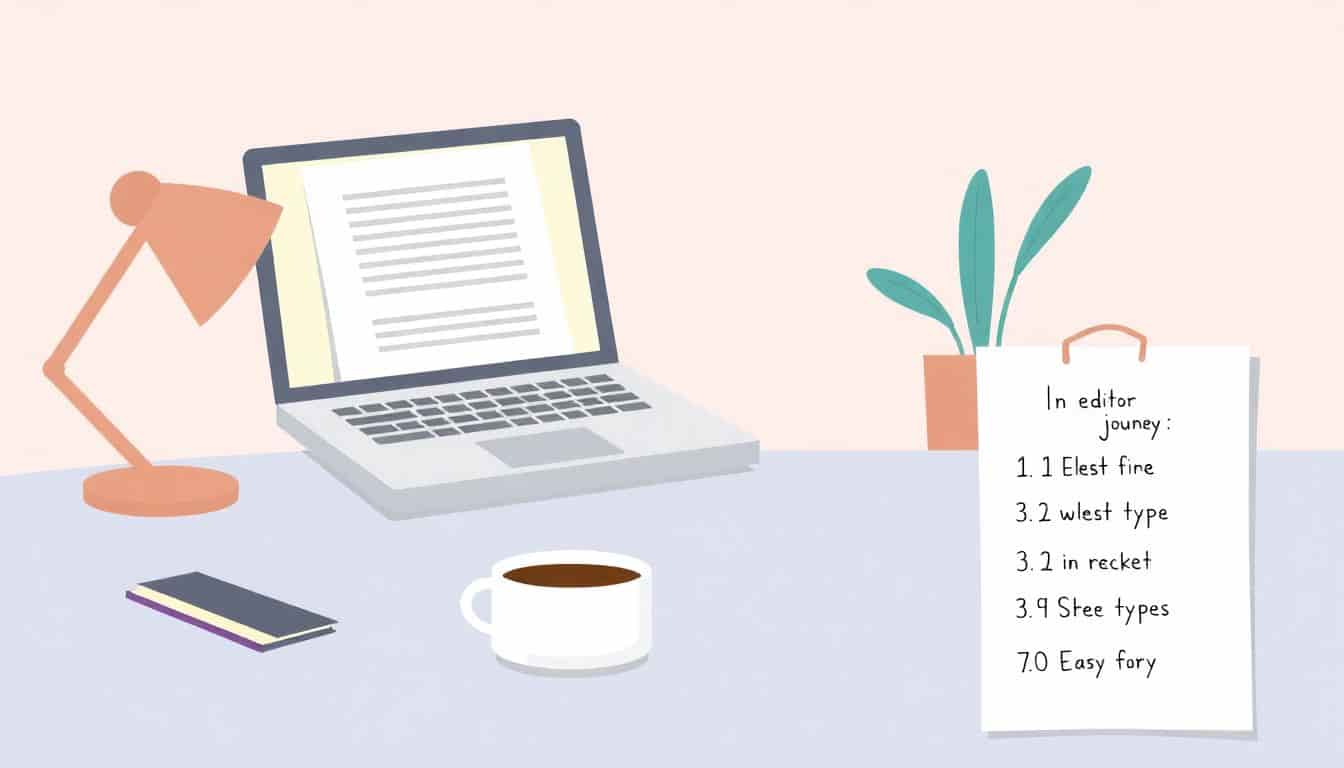 A serene workspace with a desk, open laptop displaying a document, a cup of coffee, and a notepad with a checklist titled '10 Easy Steps,' all in soft colors and minimalist style.