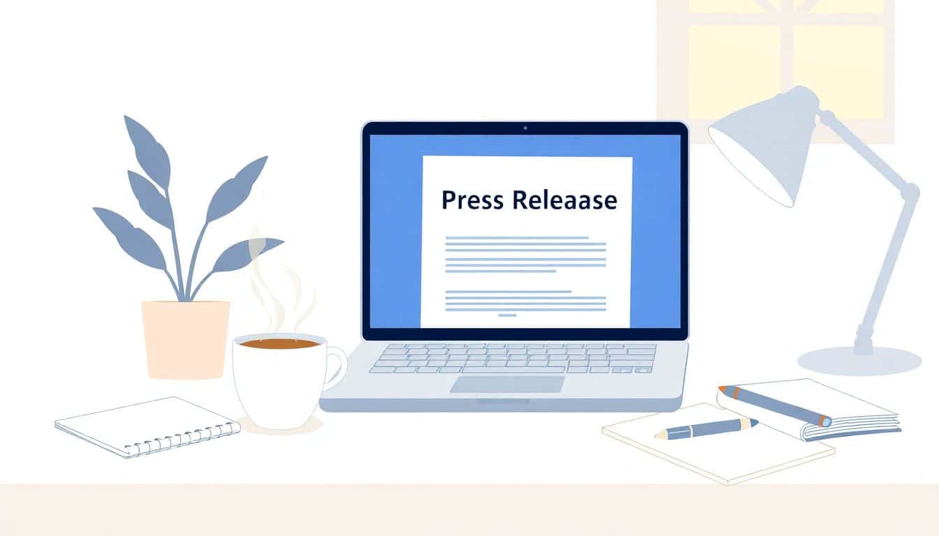 A neatly organized desk with a laptop displaying an open document titled "Press Release," a steaming cup of coffee, a notepad, and a pen. The background features a soft color with a plant and a sunny window, creating a peaceful workspace atmosphere.