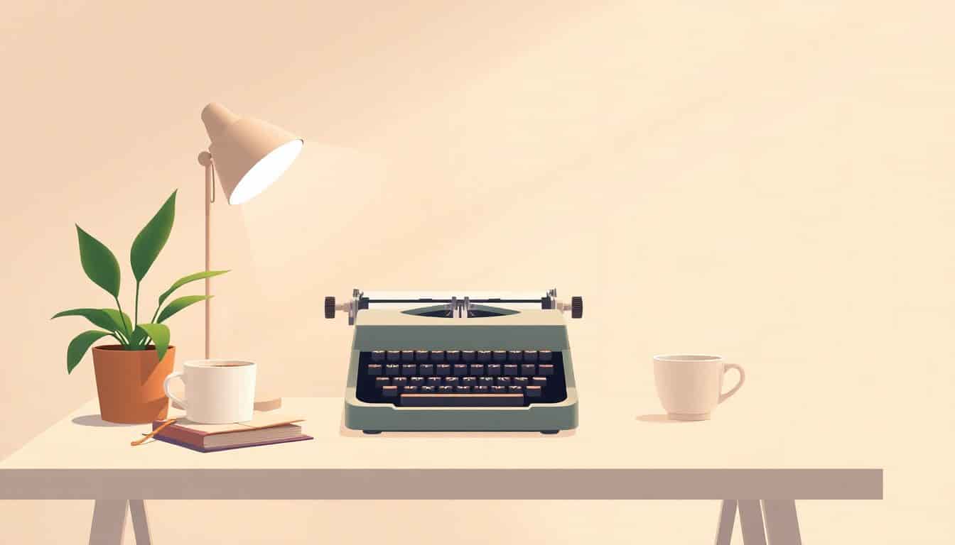 A minimalist workspace featuring a clean desk with a vintage typewriter, a potted plant, and a steaming cup of coffee, illuminated by gentle light in a warm color palette.