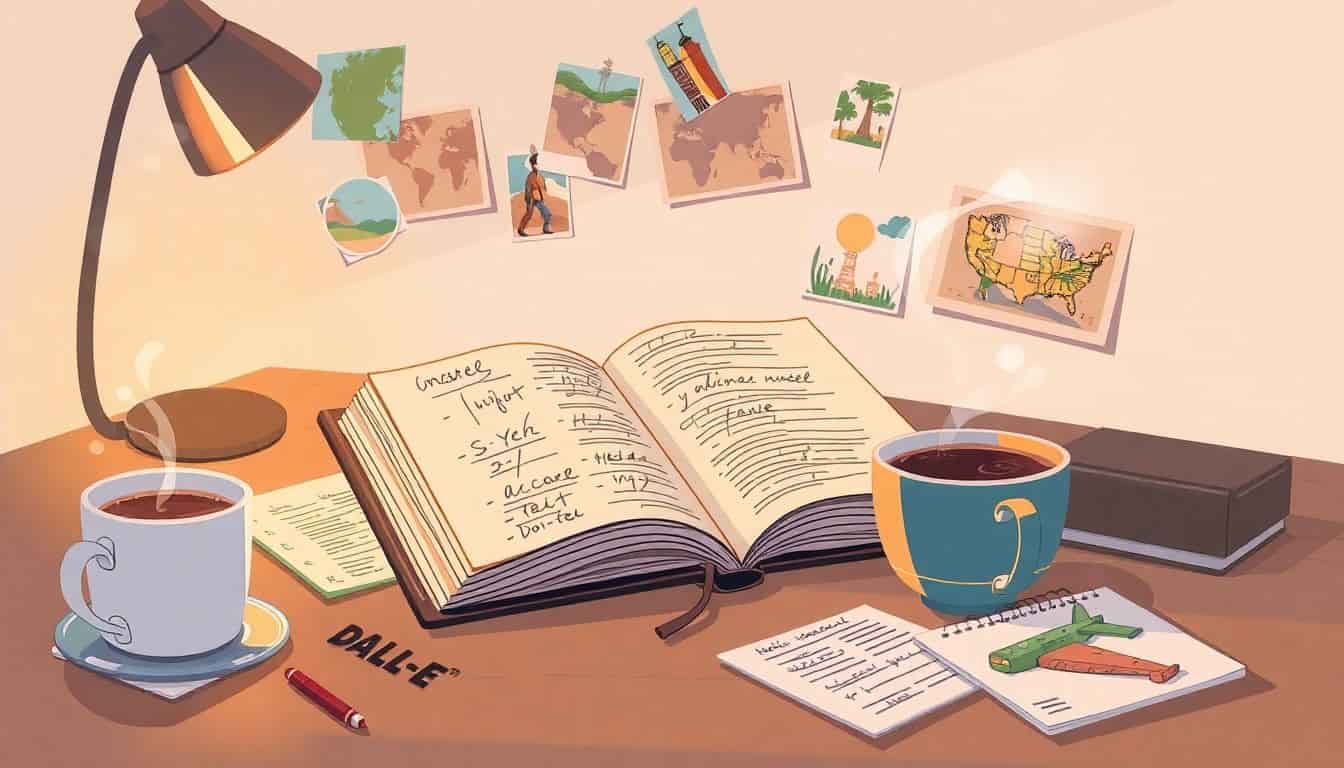 Cozy workspace with an open travel notebook, scattered notes, colorful travel photos pinned on the wall, and a steaming cup of coffee beside the notebook, all bathed in soft, warm lighting.