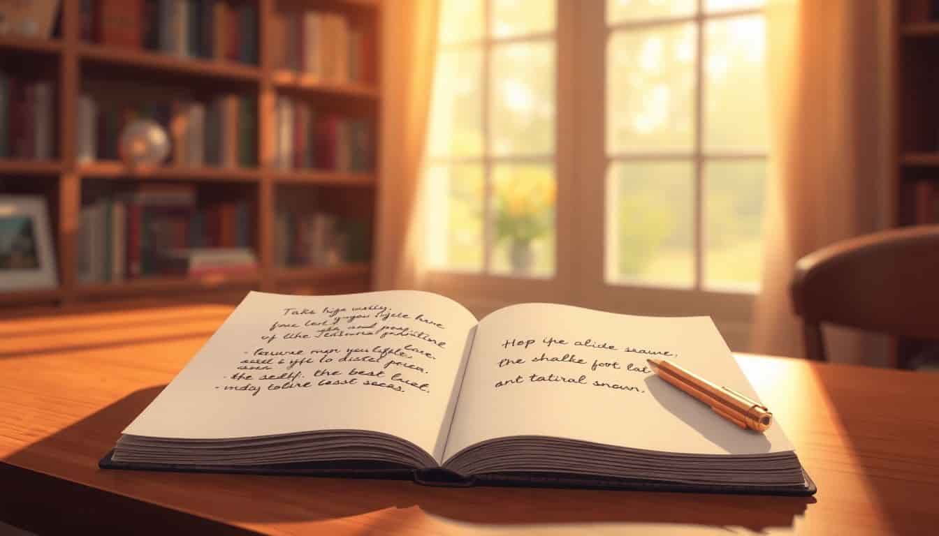 A cozy desk with an open notebook featuring casual handwritten dialogue lines, a pen resting nearby, and warm sunlight filtering through a window. A softly blurred bookshelf is visible in the background, creating an inviting and tranquil writing environment.