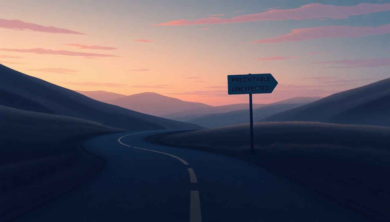 A winding road forks at a signpost labeled 'Predictable' and 'Unexpected', set against a serene landscape with soft hills and a twilight sky.