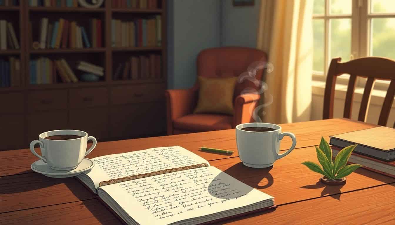 An author sits at a cozy, well-worn desk, editing a manuscript surrounded by warm lighting, a steaming cup of coffee, an open notebook filled with handwritten notes, a bookshelf in the background, and a comfortable chair, all conveying a sense of creativity and reflection.