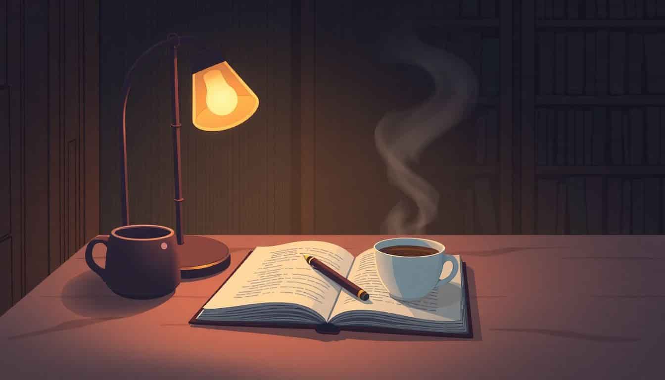 Cozy writing nook with a warm lamp, an open notebook and pen, a steaming cup of coffee, and a softly blurred bookshelf in the background.