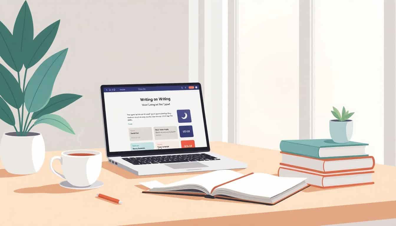 Cozy workspace with an open laptop on the Substack homepage, a steaming cup of coffee, neatly stacked notebooks, and soft natural light filtering through a window.