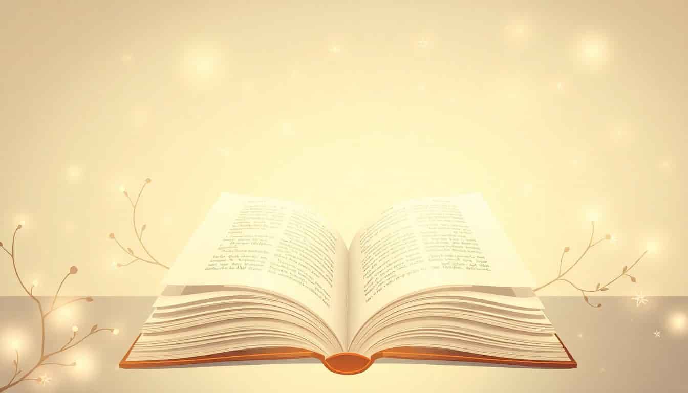 An open book surrounded by soft glowing light and delicate book-themed decorations, with a simple, serene background.